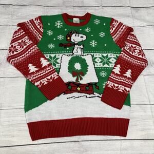 Peanuts Snoopy Christmas Sweater Mens Large Green Red Ugly Holiday Crew Knit